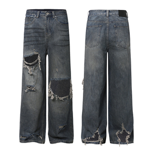 美式复古蓝色破洞洗脏巴家牛仔裤男女款痞帅百搭休闲直筒阔腿裤子
