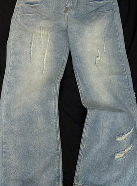 美式复古水洗破洞抓痕牛仔裤男女痞帅宽松休闲cleanfit直筒阔腿裤