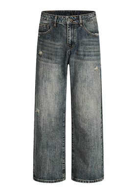 美式复古蓝猫须破洞割烂直筒牛仔裤男女宽松显瘦cleanfit阔腿长裤