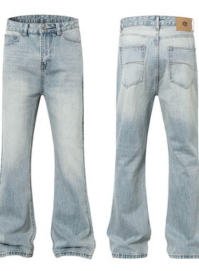 美式复古cleanfit水洗做旧浅蓝色直筒牛仔裤男宽松休闲阔腿微喇裤