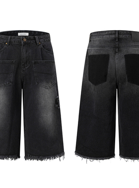 美式复古水洗做旧补丁流苏阔腿直筒七分裤男女宽松潮流休闲中裤子