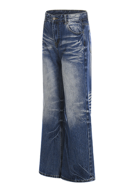 美式复古高街cleanfit磨白猫须微喇牛仔裤男女百搭通勤直筒阔腿裤