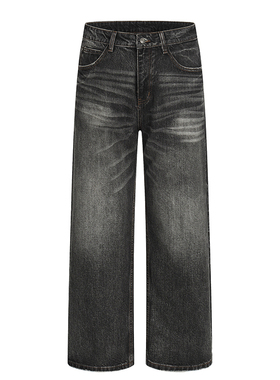 美式复古烟灰色cleanfit牛仔裤宽松休闲百搭磨边显高直筒阔腿裤子