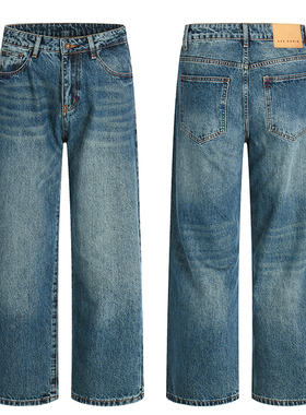 新款美式高级感cleanfit蓝色直筒牛仔裤男女宽松休闲通勤时尚长裤