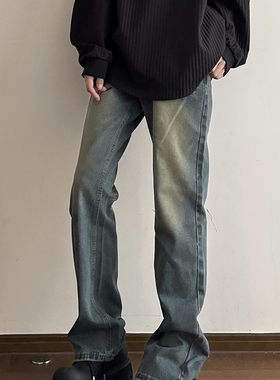 美式复古猫须黄泥染牛仔裤男cleanfit宽松休闲显瘦直筒微喇长裤子