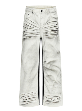 美式复古街头脏染猫须做旧牛仔裤男女痞帅宽松休闲褶皱直筒阔腿裤