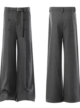 老钱风羊毛混纺加厚人纹毛呢阔腿裤男女双排扣设计感垂感直筒长裤