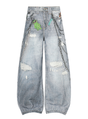 美式复古3D打印链条破洞镰刀牛仔裤男女宽松休闲显瘦弯刀阔腿裤子