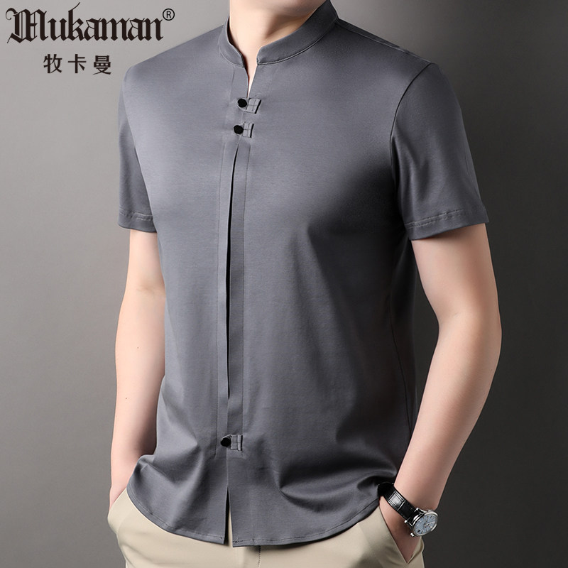 新中式国风短袖T恤男士夏季复古纯棉衬衣立领POLO衫全棉唐装体恤