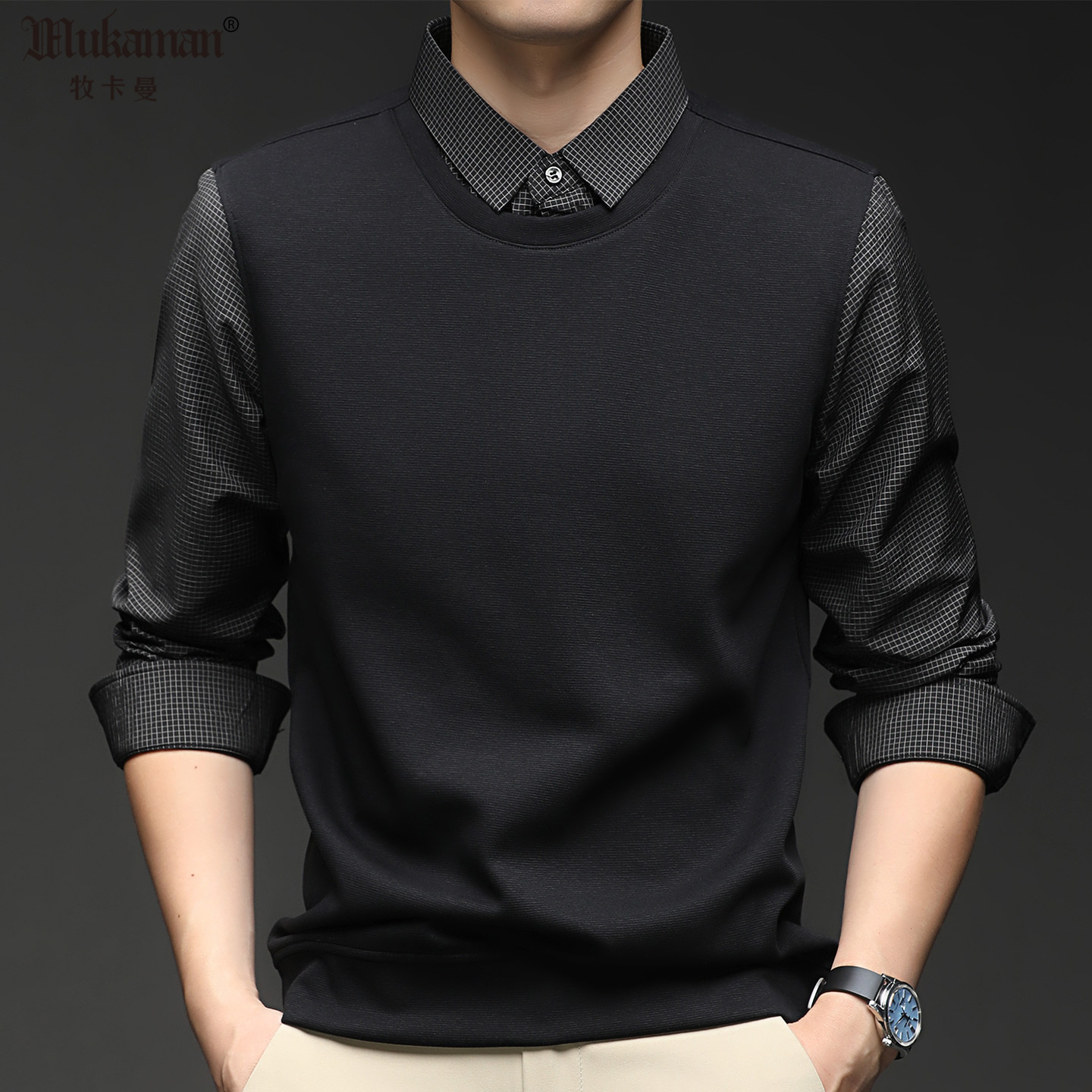 假两件拼接衬衫领带袖扣长袖T恤男2025新款简约商务帅气中年衬衣