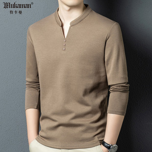 莫代尔棉立领长袖T恤柔软亲肤男士V领秋衣2025秋季新款无领POLO衫