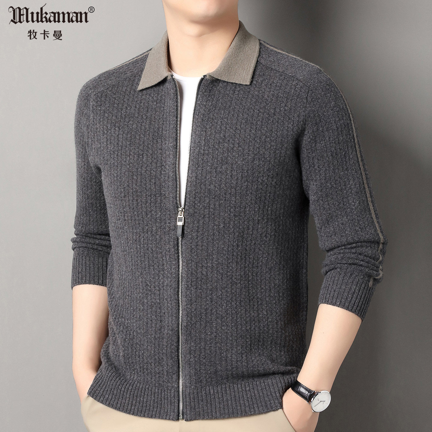 100纯羊毛衫高品质全拉链开身拼色翻领线条提花秋冬季毛衣外套男