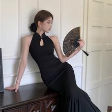 新中式改良旗袍盘扣挂脖连衣裙女夏季复古黑色气质收腰鱼尾长裙子