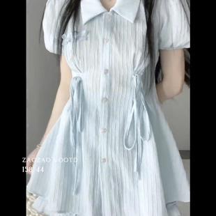 新款 蓝色清纯甜美连衣裙女收腰显瘦温柔风夏季 学院风少女裙子