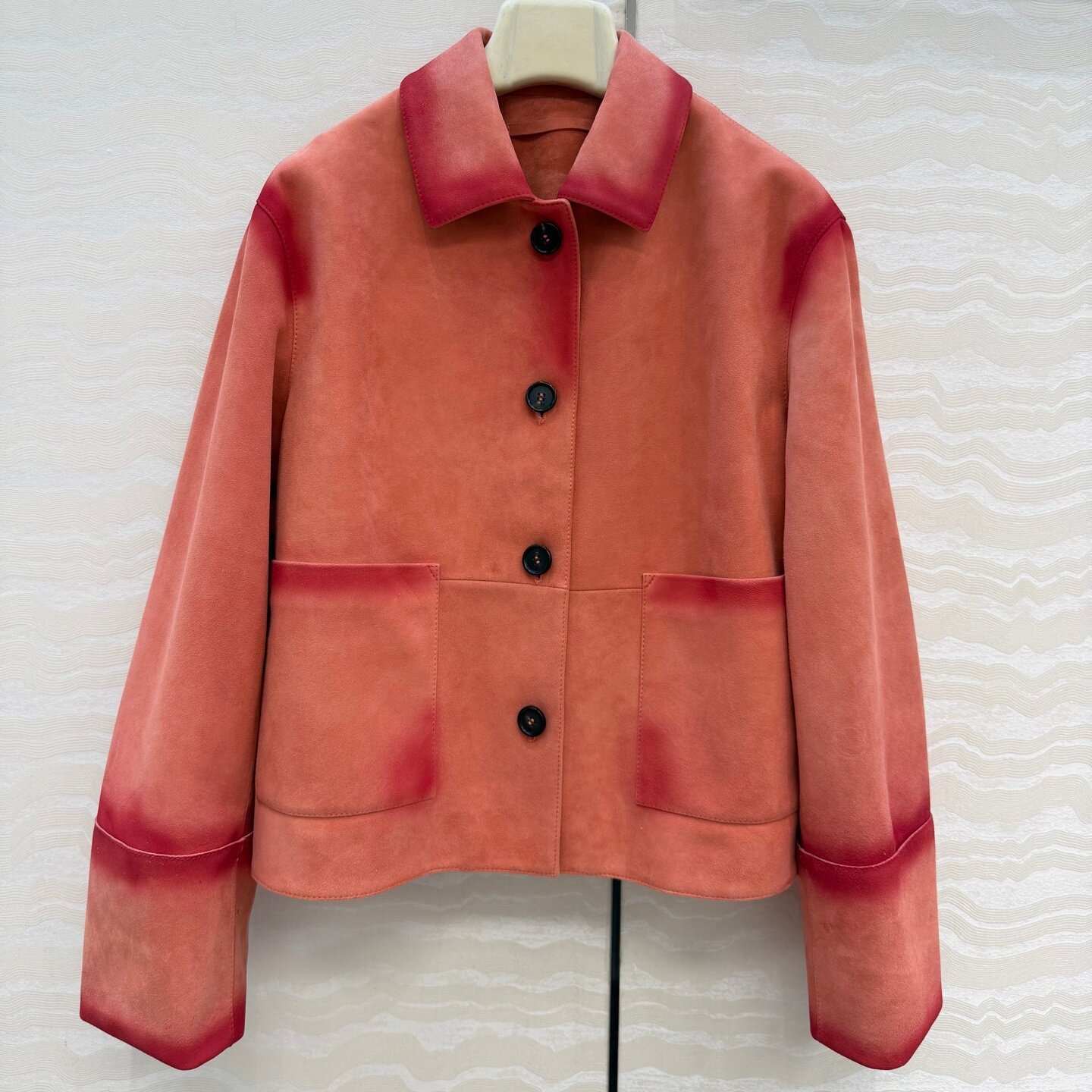 手工做旧擦色翻领双口袋卷袖H版型复古麂皮绒小羊皮夹克皮衣女