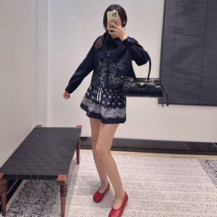 韩版新款进口刺绣麂皮绒面羊皮翻领高腰显瘦小短款衬衫皮衣外套女