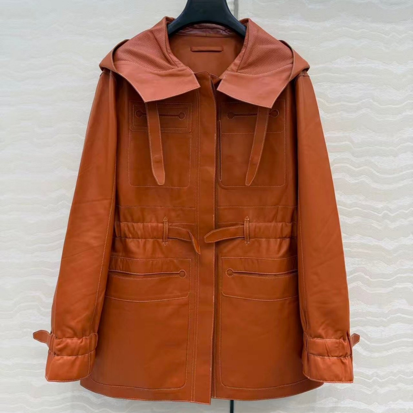 马术风进口小羊皮真皮高腰H版型连帽中长款夹克冲锋衣外套皮衣女,女装/女士精品,皮衣,淘宝优惠券,粉丝福利购,淘宝优惠卷