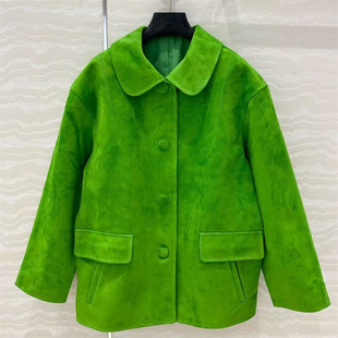 型百搭中長款 皮衣外套女 定制麂皮絨面單排全手包扣翻領H版 韓版