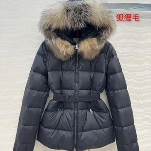 南油定制进口芬兰可拆卸大狐狸毛领连帽松紧腰带收腰短款羽绒服女