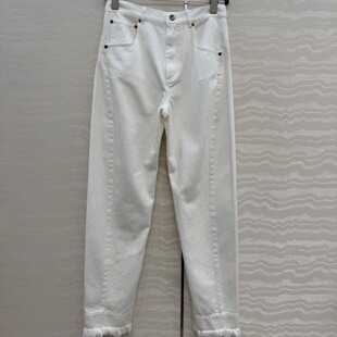 女 弯刀锥形斜缝手工毛须边定制洗水牛仔高腰宽松百搭长裤 韩版 新款