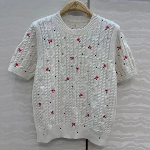 定位立体刺绣精致飞鸽小鸟花朵针织绞花勾织高腰宽松短袖毛衣女