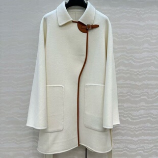 纯手工拼接小羊皮扣双面尼翻领大口袋羊绒羊毛混纺H版型大衣女