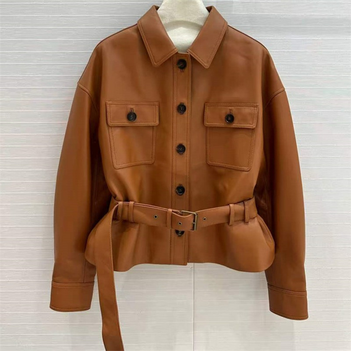 韩版美拉德焦糖棕色猎装风进口绵羊皮束腰工装口袋夹克外套皮衣女
