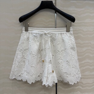 新款 女 定位重工艺刺绣棉线水溶花镂空定位花边摆系带高腰小短裤