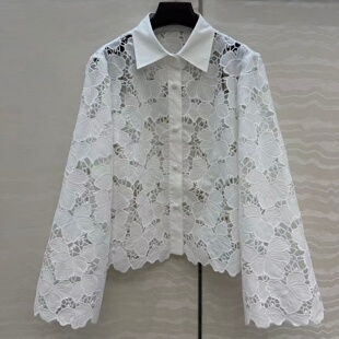 型衬衫 H版 上衣女 小翻领短款 刺绣棉线水溶花单排勾花包扣喇叭袖