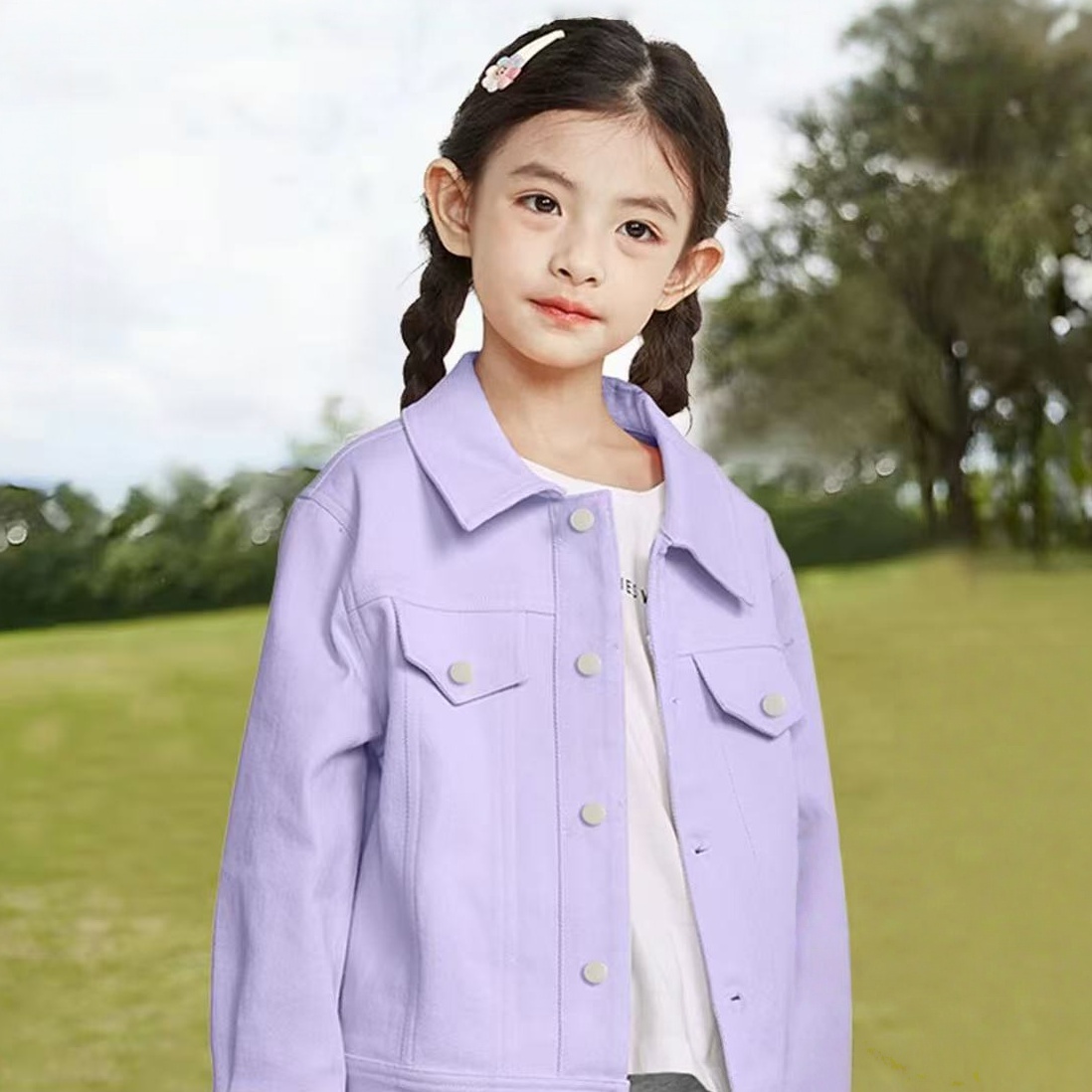 秋上新！110~160码小猪家儿童春秋款小女孩紫色牛仔翻领夹克外套