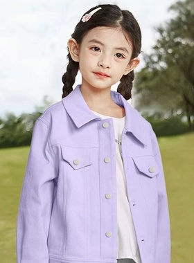 秋上新！110~160码小猪家儿童春秋款小女孩紫色牛仔翻领夹克外套