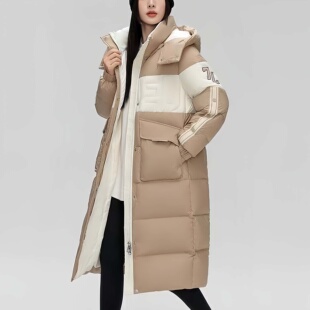 冬上新!雪家秋冬加厚保暖撞色拼接中长款连帽羽绒服女潮