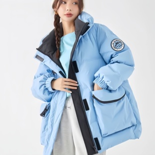 冬上新!S~L码 雪家女款冬季立领短款小个子宽松工装撞色羽绒服