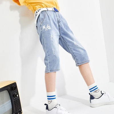 140-180码巴家儿童裤子男童夏季薄款松紧腰简约休闲七分牛仔中裤