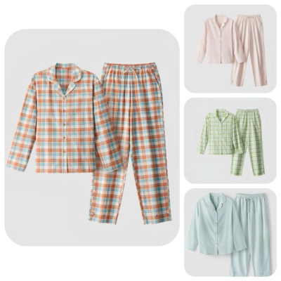 秋上新！内销品牌女士睡衣春秋纯棉磨毛宽松休闲格纹家居服套装