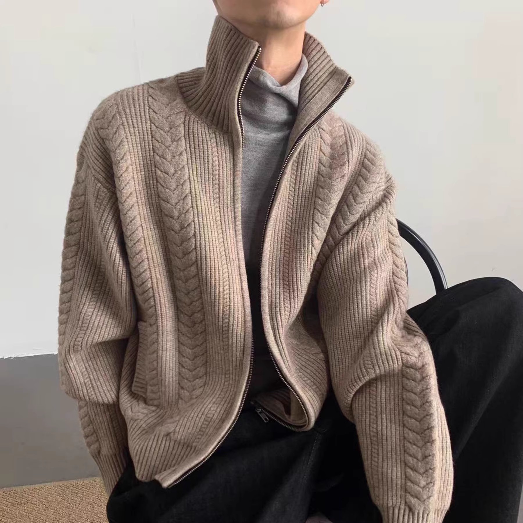 高级感加厚麻花开衫毛衣男秋冬