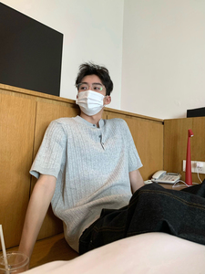 高级感针织纯色套头纽扣短袖t恤男夏季韩版宽松亨利领polo衫上衣