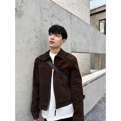 深棕色正肩短款外套男美式复古