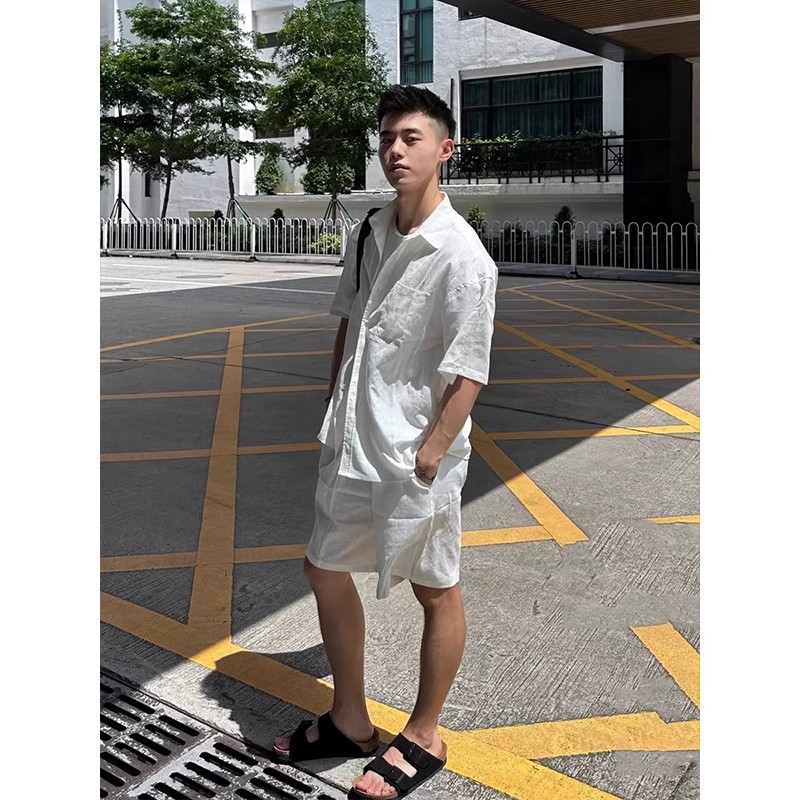 老钱风亚麻透气短袖衬衫男夏季