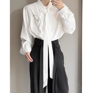 高级感白色衬衫男韩版宽松雪纺飘带长袖上衣设计感小众垂坠感衬衣