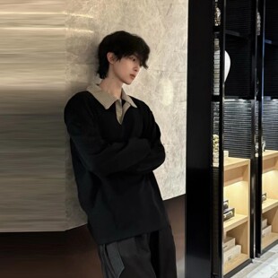 cleanfit千鸟格翻领polo衫男秋季美式潮牌正肩长袖T恤假两件卫衣