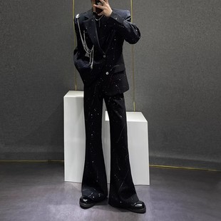 黑色设计感链条满天星西服套装 外套 男高级感痞帅演出宽松垫肩西装