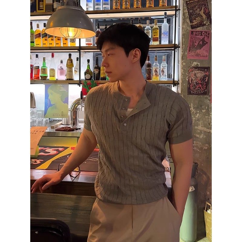 亨利领t恤男夏季成熟稳重麻花针织短袖polo衫修身显肌肉半袖上衣