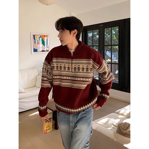 半拉链polo领红色本命年毛衣男