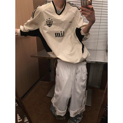 美式复古撞色V领长袖T恤男潮牌
