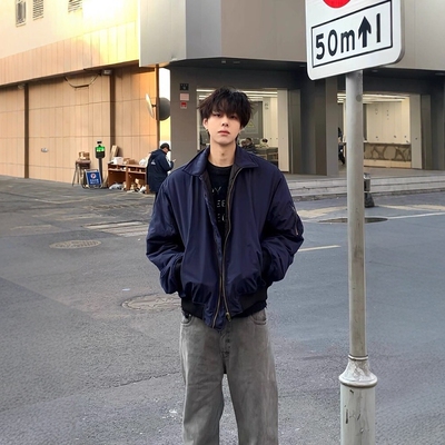 美式复古藏青色飞行夹克外套男