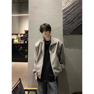 灰色短款廓型垫肩外套男春秋高级感开衫卫衣美式复古cleanfit夹克