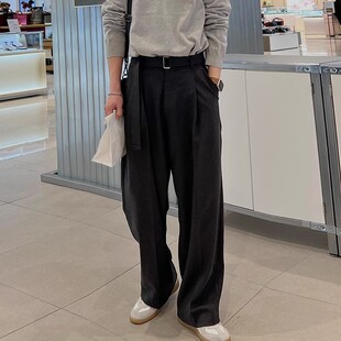 黑色垂坠感休闲裤男韩版宽松高级腰带拖地西裤cleanfit直筒阔腿裤
