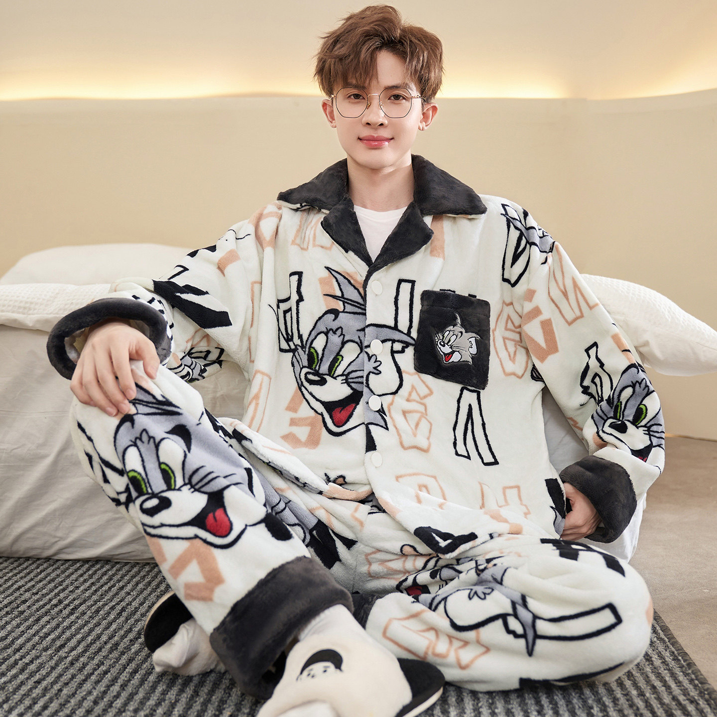 珊瑚绒睡衣男士冬季加绒加厚男款大码法兰绒青少年冬天家居服套装