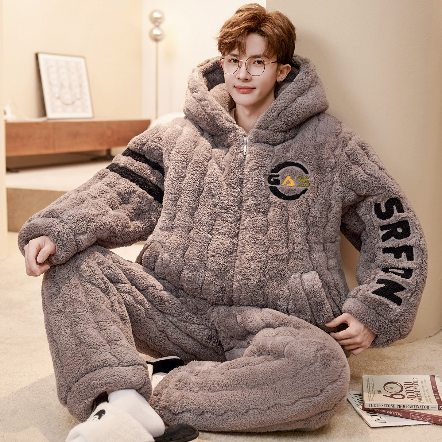 男士睡衣秋冬季2025新款加绒加厚珊瑚绒三层夹棉袄套装保暖可外穿